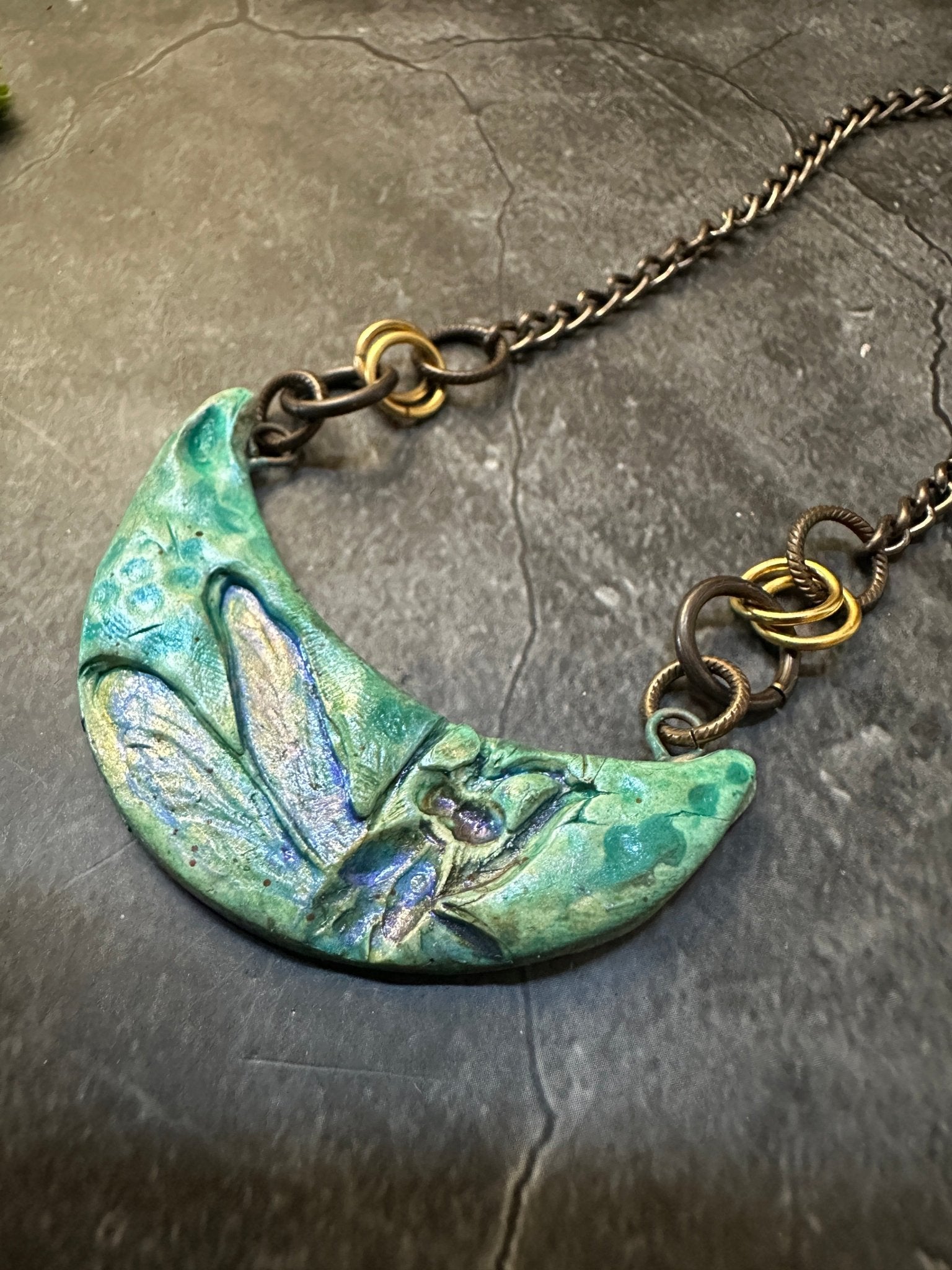 Dragonfly Moon Polymer Necklace - Jeanne - NMJH - Artisan Market - 104 - Vintaj Live Shop