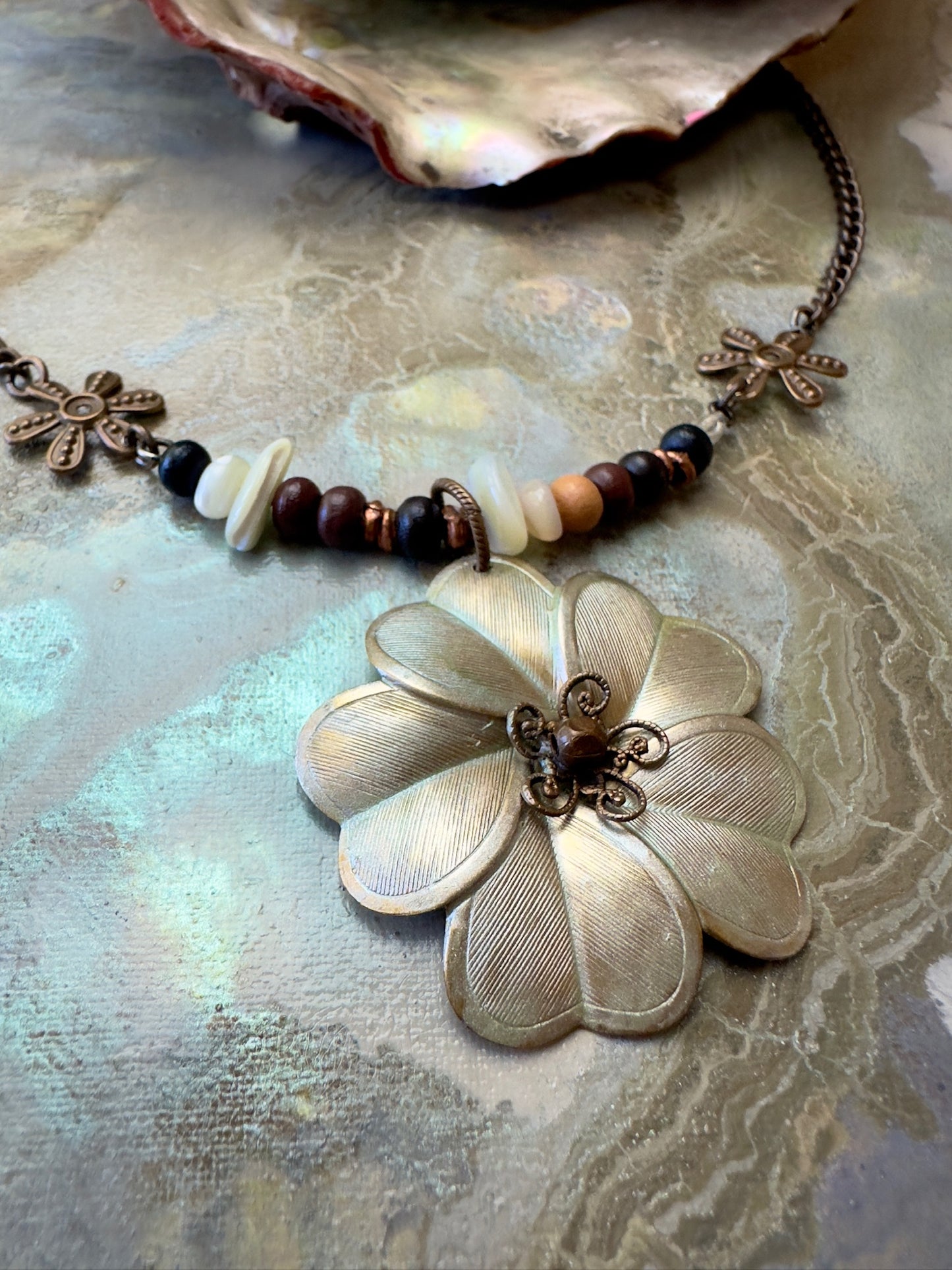 Pearlescent Bloom Finished Jewelry Necklace - Vintaj Design - 7/10/24