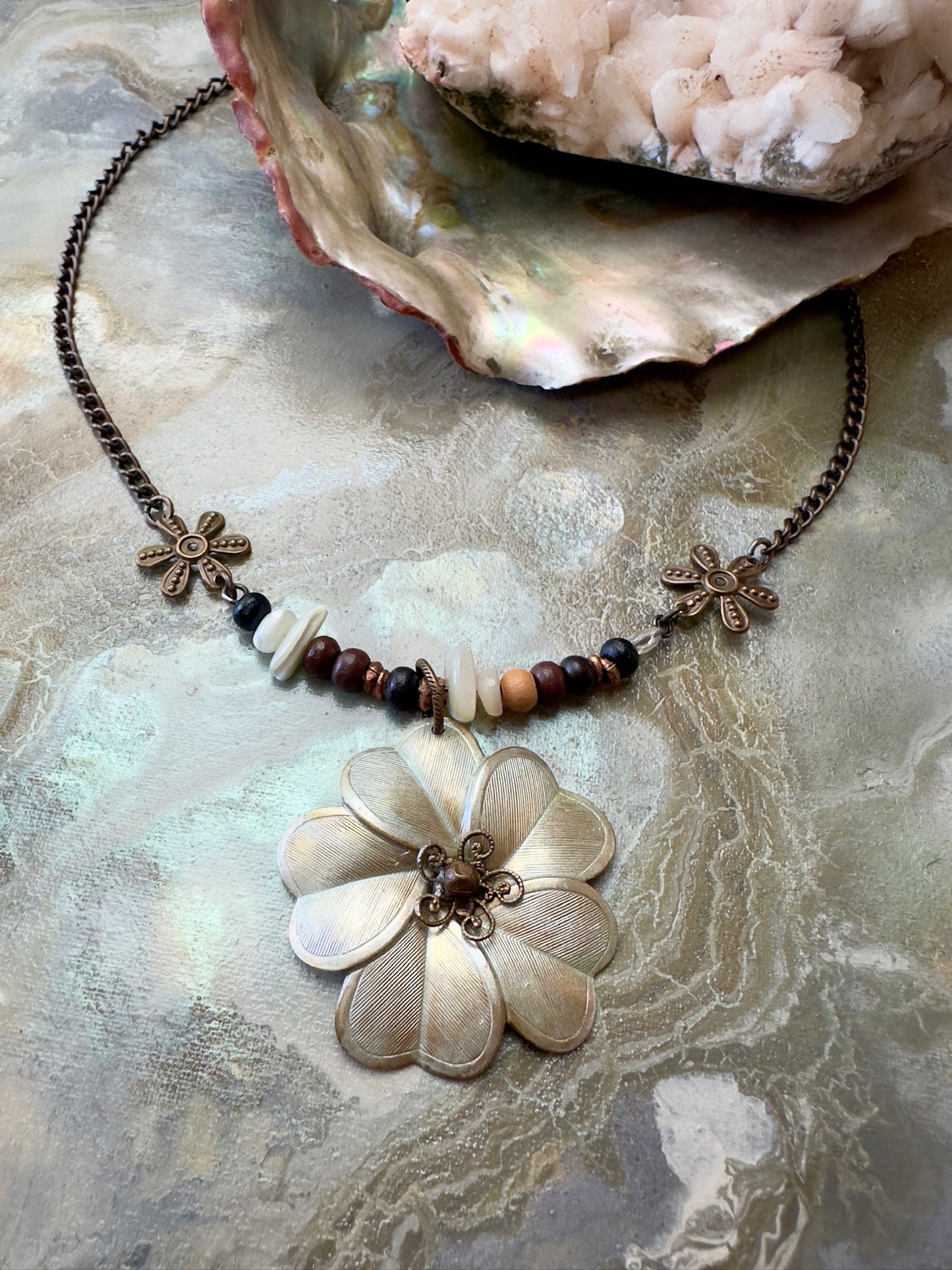 Pearlescent Bloom Finished Jewelry Necklace - Vintaj Design - 7/10/24