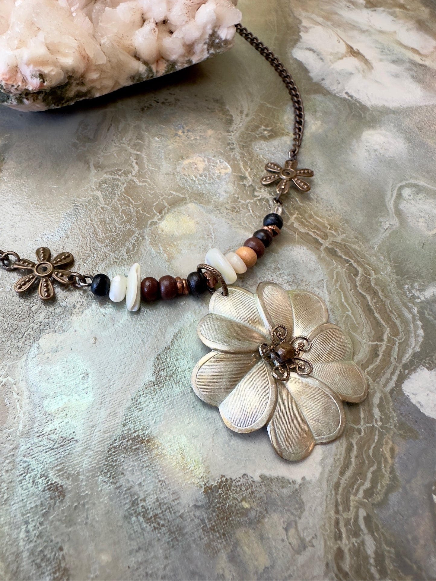 Pearlescent Bloom Finished Jewelry Necklace - Vintaj Design - 7/10/24