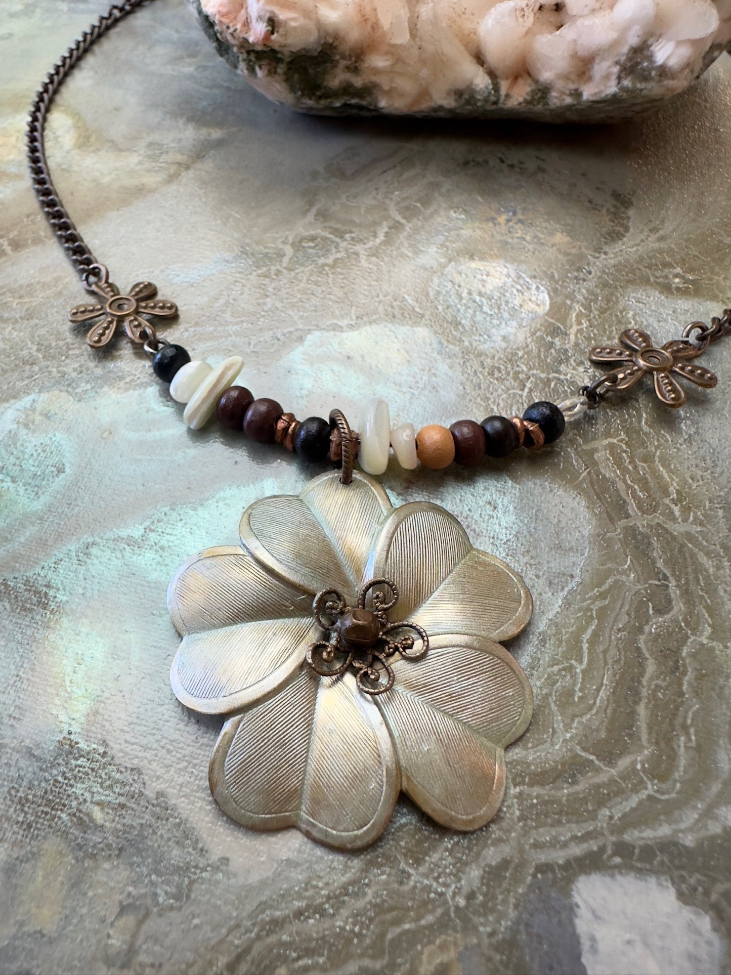 Pearlescent Bloom Finished Jewelry Necklace - Vintaj Design - 7/10/24