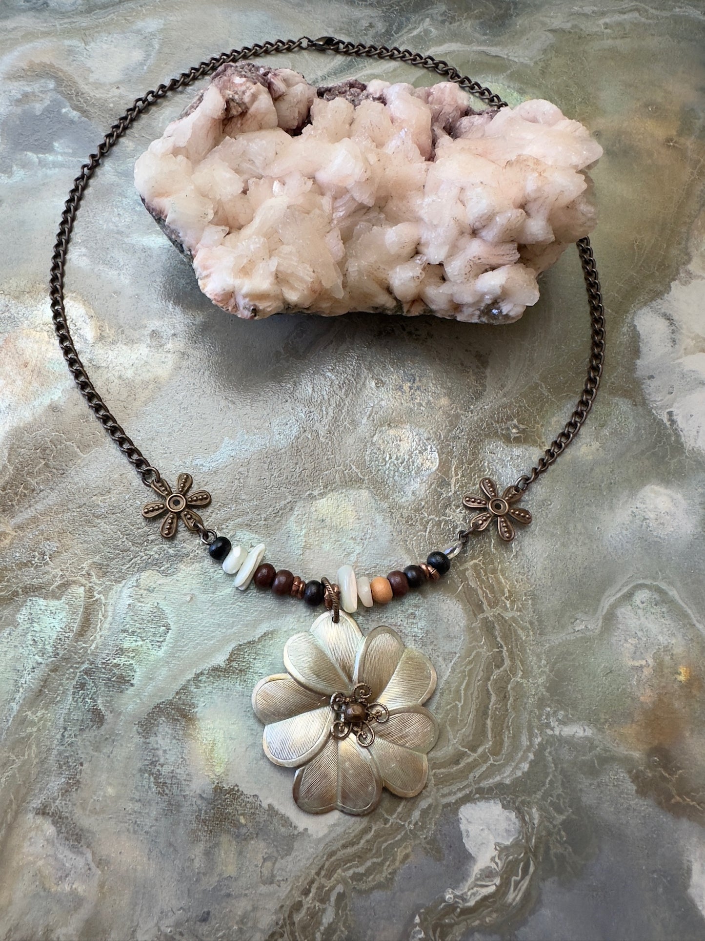 Pearlescent Bloom Finished Jewelry Necklace - Vintaj Design - 7/10/24