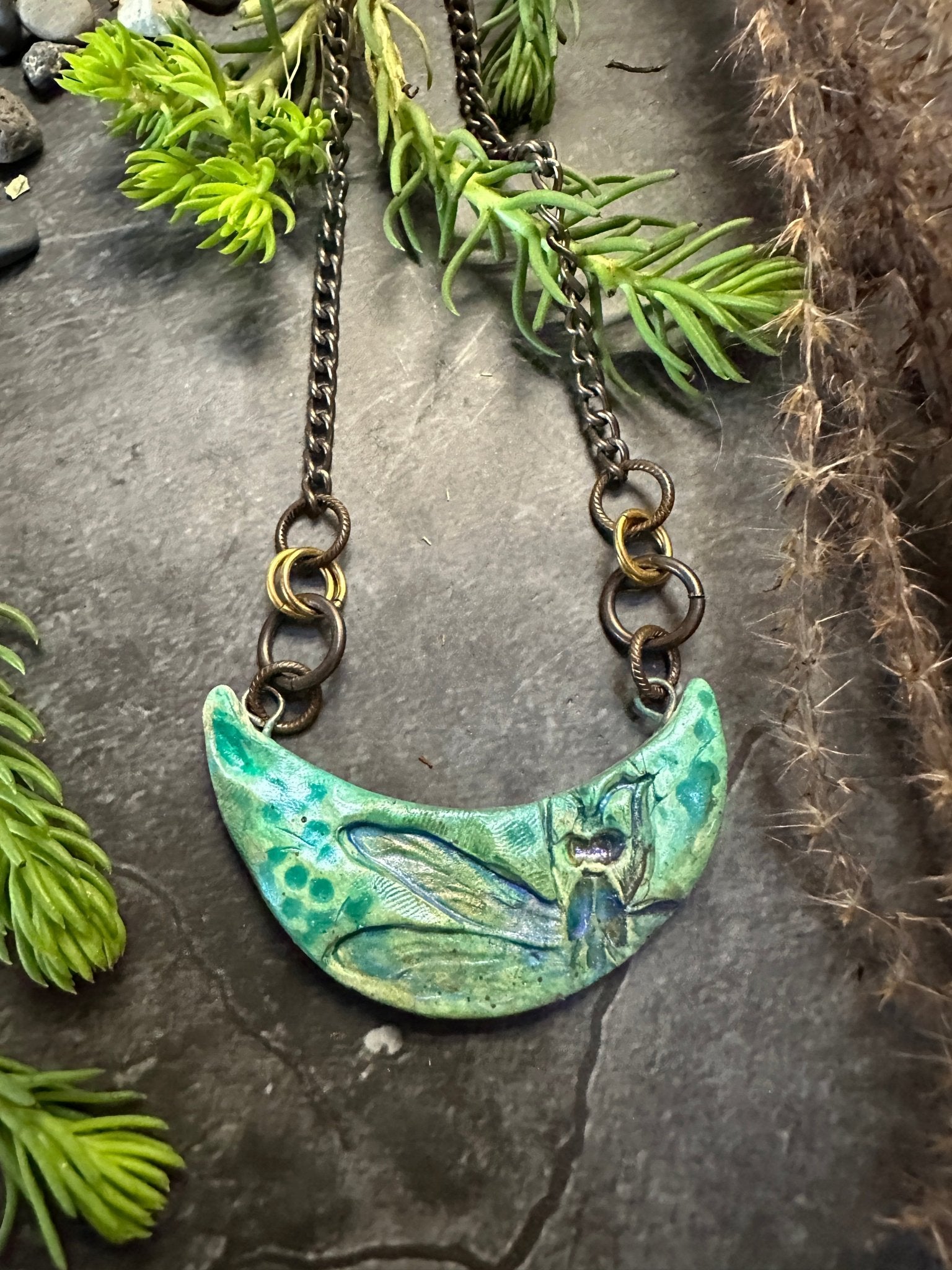 Dragonfly Moon Polymer Necklace - Jeanne - NMJH - Artisan Market - 104 - Vintaj Live Shop