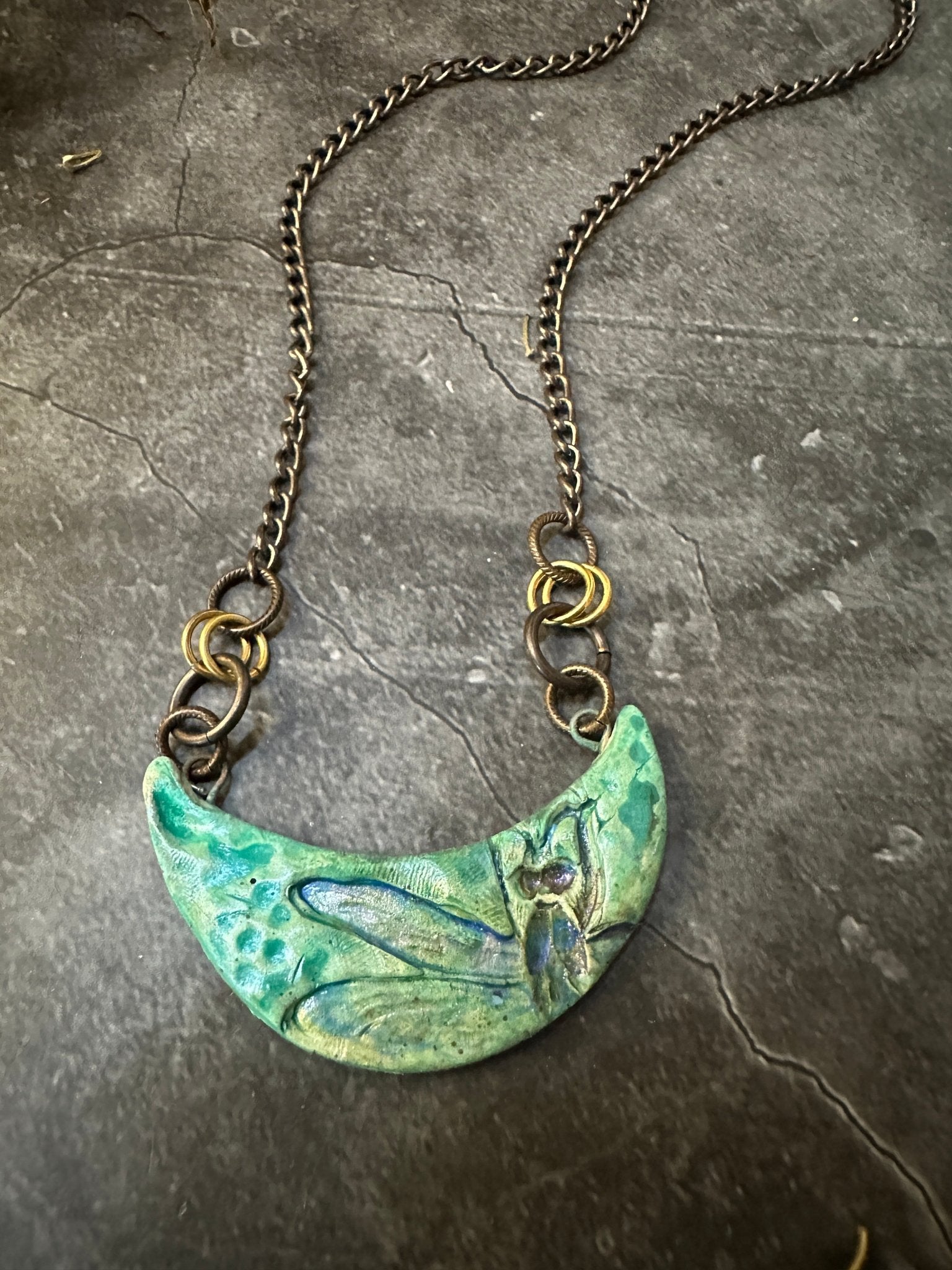 Dragonfly Moon Polymer Necklace - Jeanne - NMJH - Artisan Market - 104 - Vintaj Live Shop