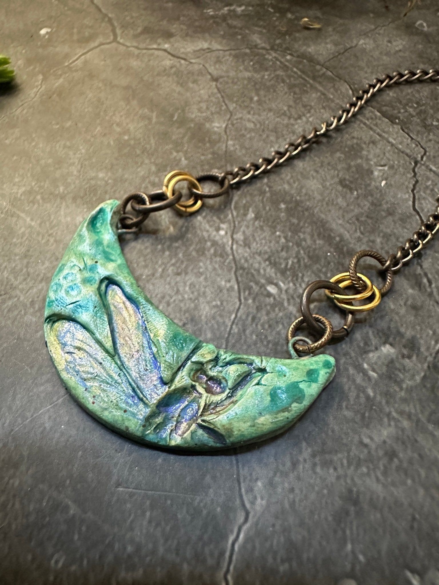 Dragonfly Moon Polymer Necklace - Jeanne - NMJH - Artisan Market - 104 - Vintaj Live Shop