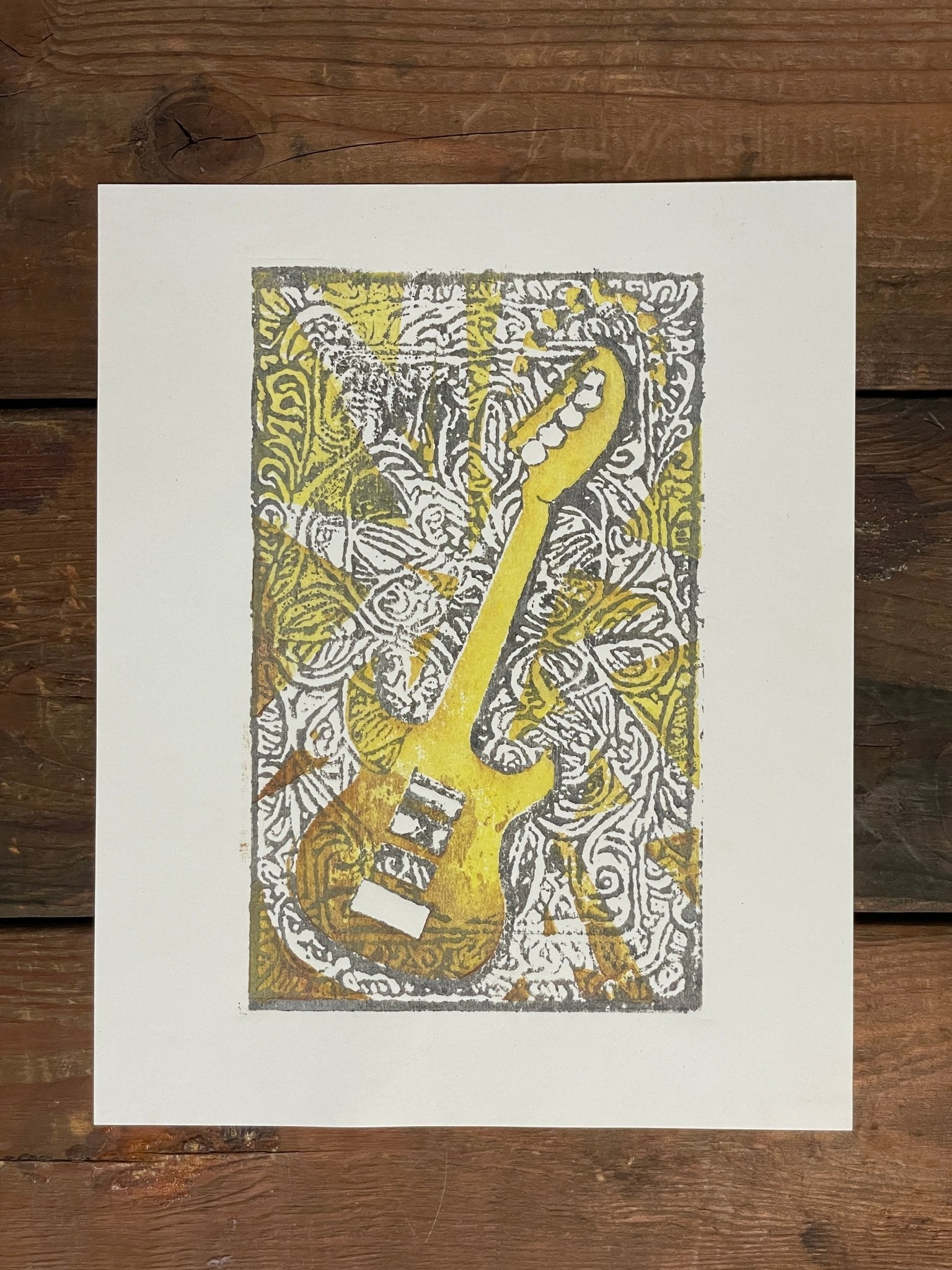 Paisley Guitar Yellow Brown Wood Block Hand Printed - Wildsong Studio - NMWS - Night Market - Wednesday 8/14/24 - Vintaj Live Shop