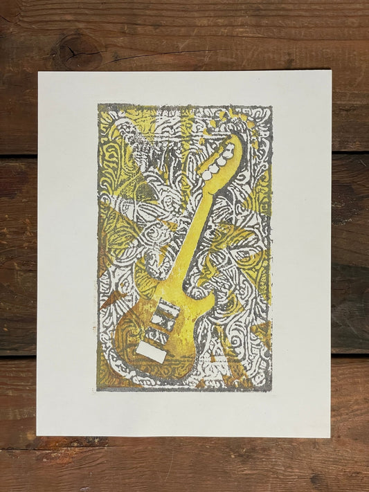 Paisley Guitar Yellow Brown Wood Block Hand Printed - Wildsong Studio - NMWS - Night Market - Wednesday 8/14/24 - Vintaj Live Shop